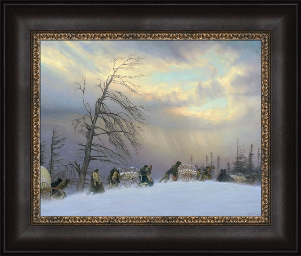 A line of people pushing handcarts through the snow. Art 6