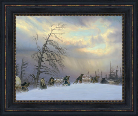 A line of people pushing handcarts through the snow. Art 8