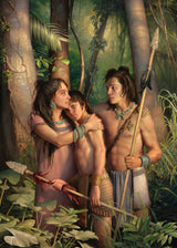 A mother comforting her two young warriors sons in the jungle. Art 4