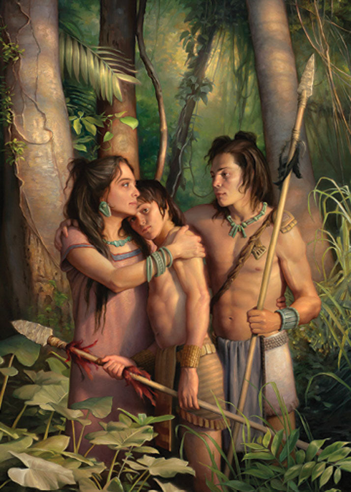 A mother comforting her two young warriors sons in the jungle. Art 2