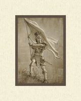 Sketch of a young solder from anicent times holding a large flag.  Art 18