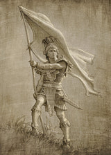 Sketch of a young solder from anicent times holding a large flag.  Art 2