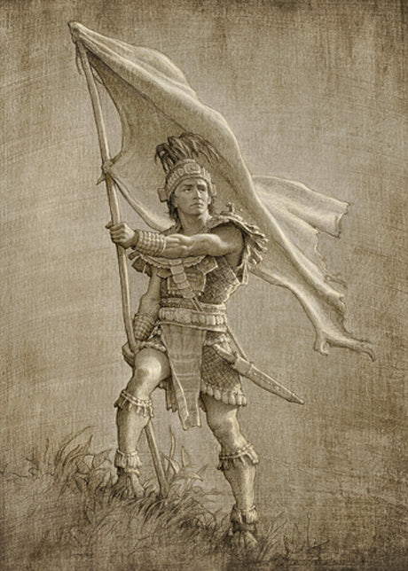 Sketch of a young solder from anicent times holding a large flag.  Art 2