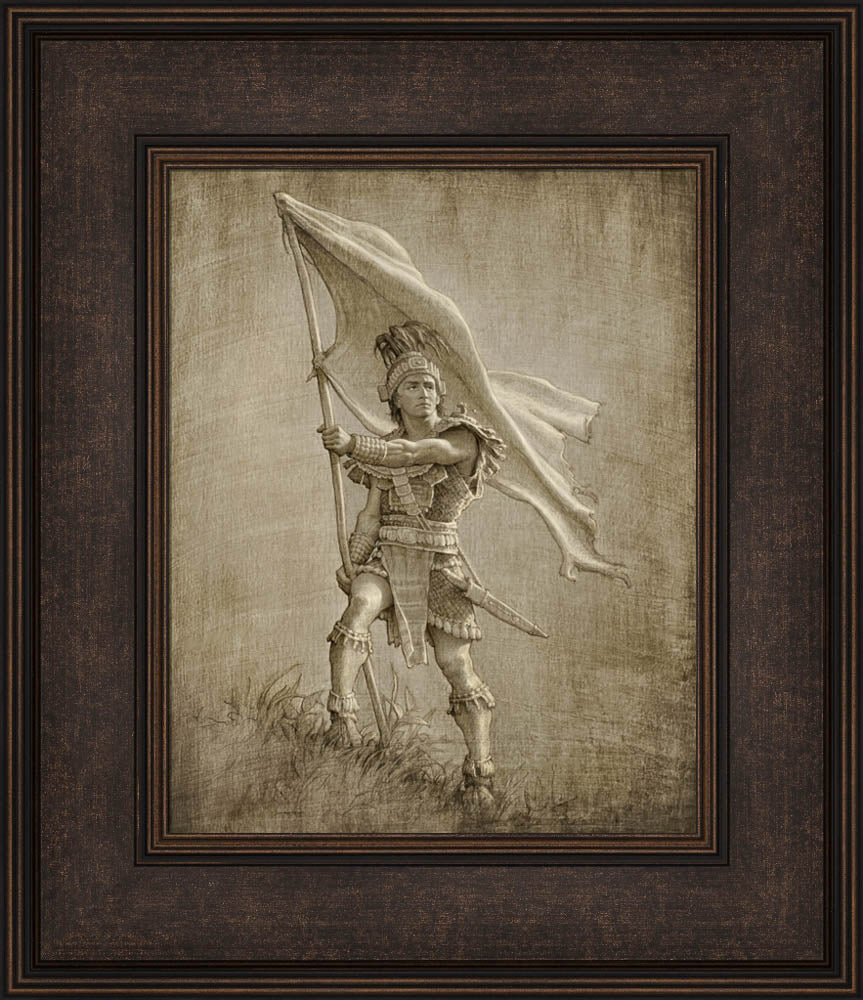 Sketch of a young solder from anicent times holding a large flag.  Art 14