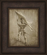 Sketch of a young solder from anicent times holding a large flag.  Art 14