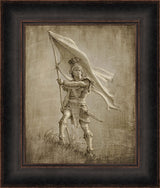 Sketch of a young solder from anicent times holding a large flag.  Art 15