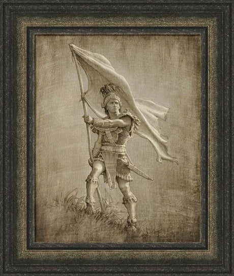 Sketch of a young solder from anicent times holding a large flag.  Art 9