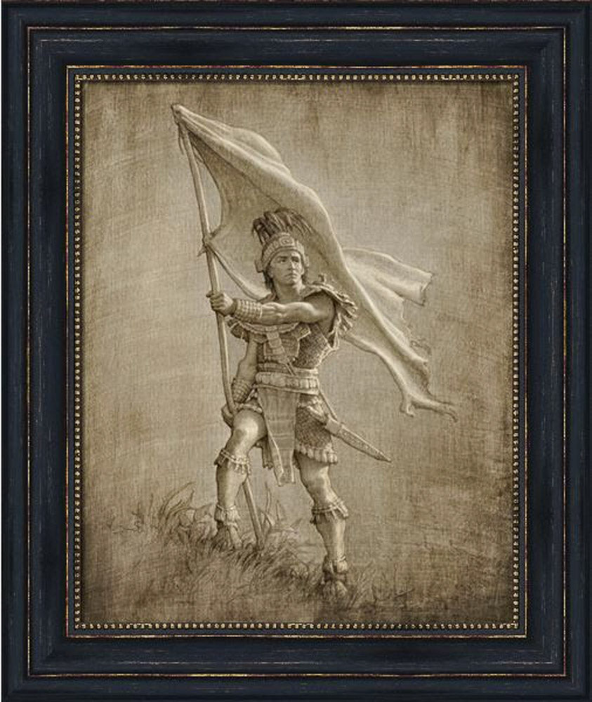 Sketch of a young solder from anicent times holding a large flag.  Art 10