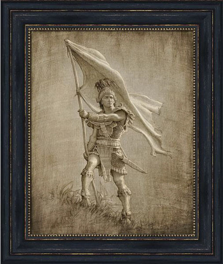 Sketch of a young solder from anicent times holding a large flag.  Art 10