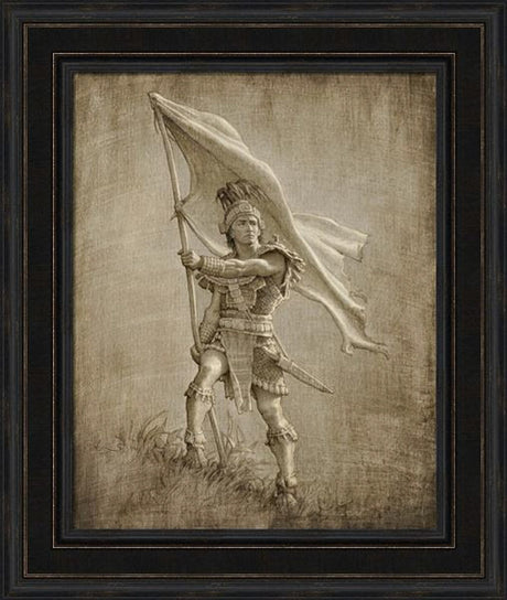 Sketch of a young solder from anicent times holding a large flag.  Art 11