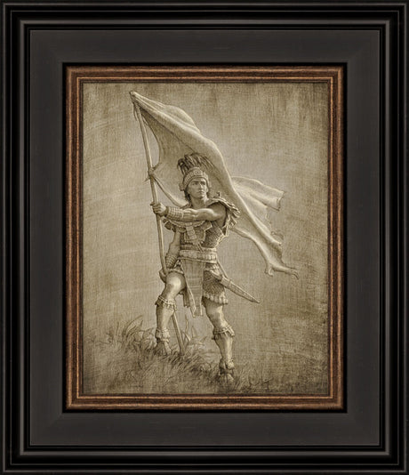 Sketch of a young solder from anicent times holding a large flag.  Art 12