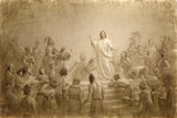 Sketch of Jesus in the Americas surrounded by people. 