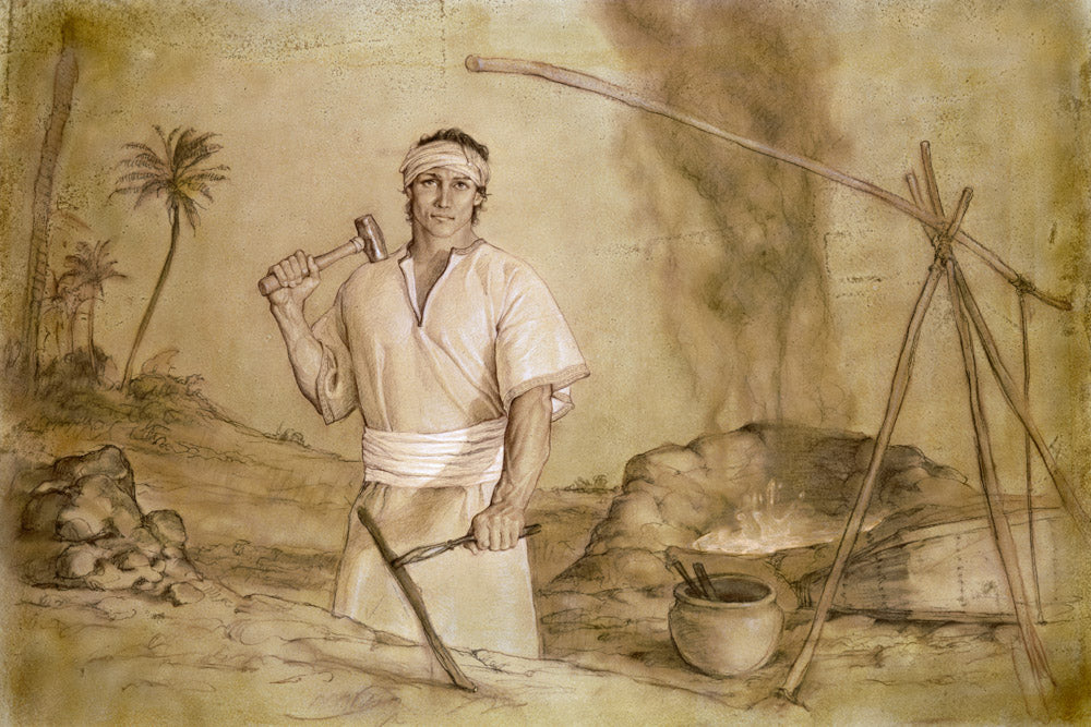 Nephi next to a forge making tools to build a boat to sail to America.