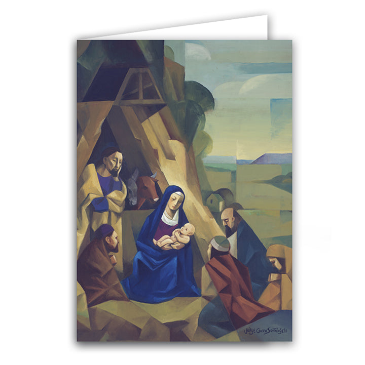 A festive nativity greeting card featuring a serene depiction of the birth of Jesus, perfect for holiday wishes.