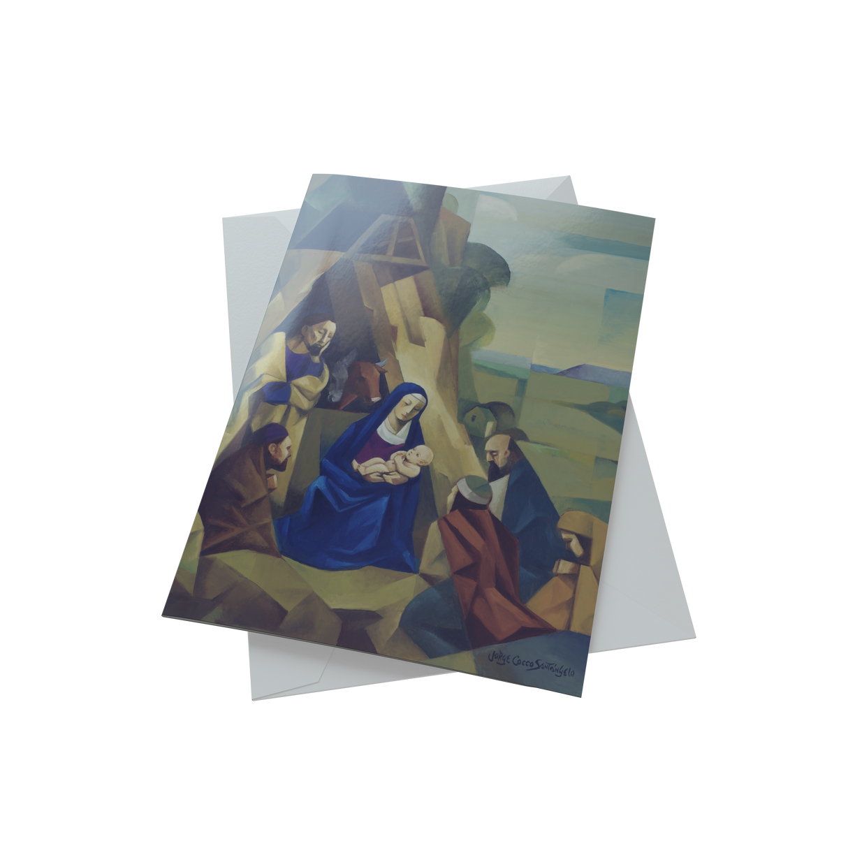 An elegant nativity-themed Christmas card, showcasing the holy scene, ideal for sharing joy during the festive season.