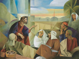 Jesus teaching the men and women using parables outside a village.