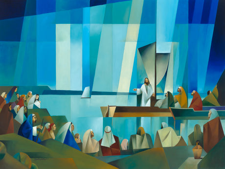 Christ stands in a boat preaching to those sitting on the shoreline.