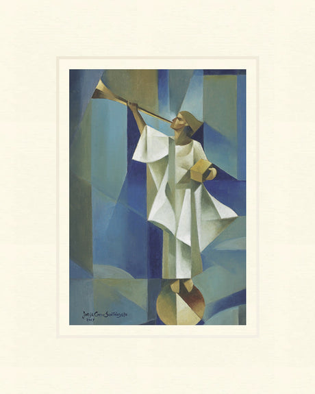 This is a cubist-style painting by Jorge Cocco Santángelo (2017) featuring an abstract angel holding a trumpet and a book, depicted in cool blues and geometric forms.
