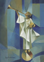 This is a cubist-style painting by Jorge Cocco Santángelo (2017) featuring an abstract angel holding a trumpet and a book, depicted in cool blues and geometric forms.