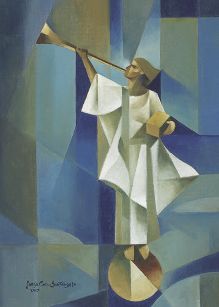 Angel Moroni stands on a circular structure holding trumpet and gold plates. Art 2