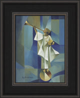 Angel Moroni stands on a circular structure holding trumpet and gold plates. Art 13