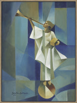 Angel Moroni stands on a circular structure holding trumpet and gold plates. Art 9