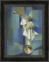 Angel Moroni stands on a circular structure holding trumpet and gold plates. Art 10