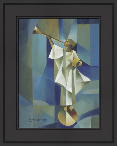 Angel Moroni stands on a circular structure holding trumpet and gold plates. Art 15