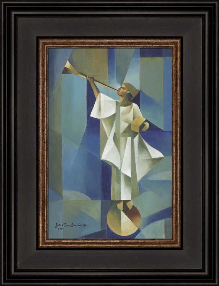 Angel Moroni stands on a circular structure holding trumpet and gold plates. Art 18