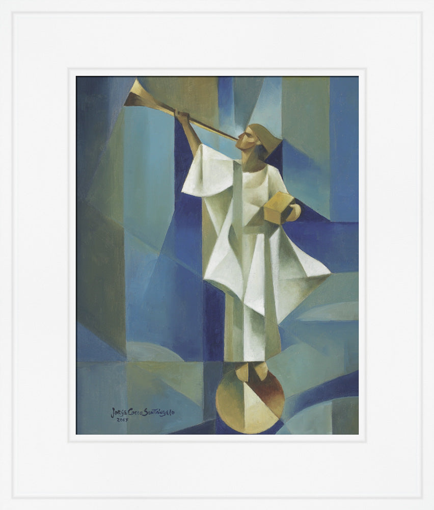 Angel Moroni stands on a circular structure holding trumpet and gold plates. Art 14