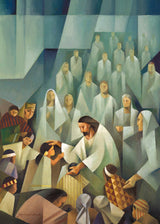 Jesus blessing children in America as angels watch. Art 1