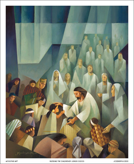 Jesus blessing children in America as angels watch. Art 7