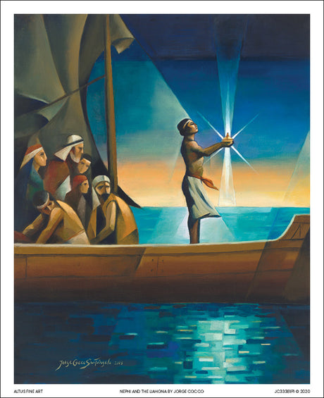 Bright colors: Nephi stands in a ship holding the glowing Liahona. Art 4