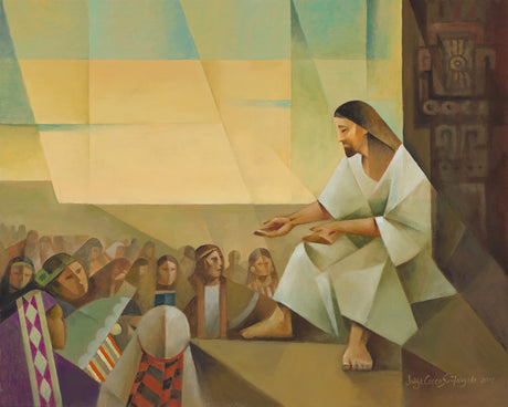 Modern painting of Jesus teaching a group of people.