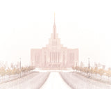 The Saratoga Springs Utah temple seen through a blizzard of snow.