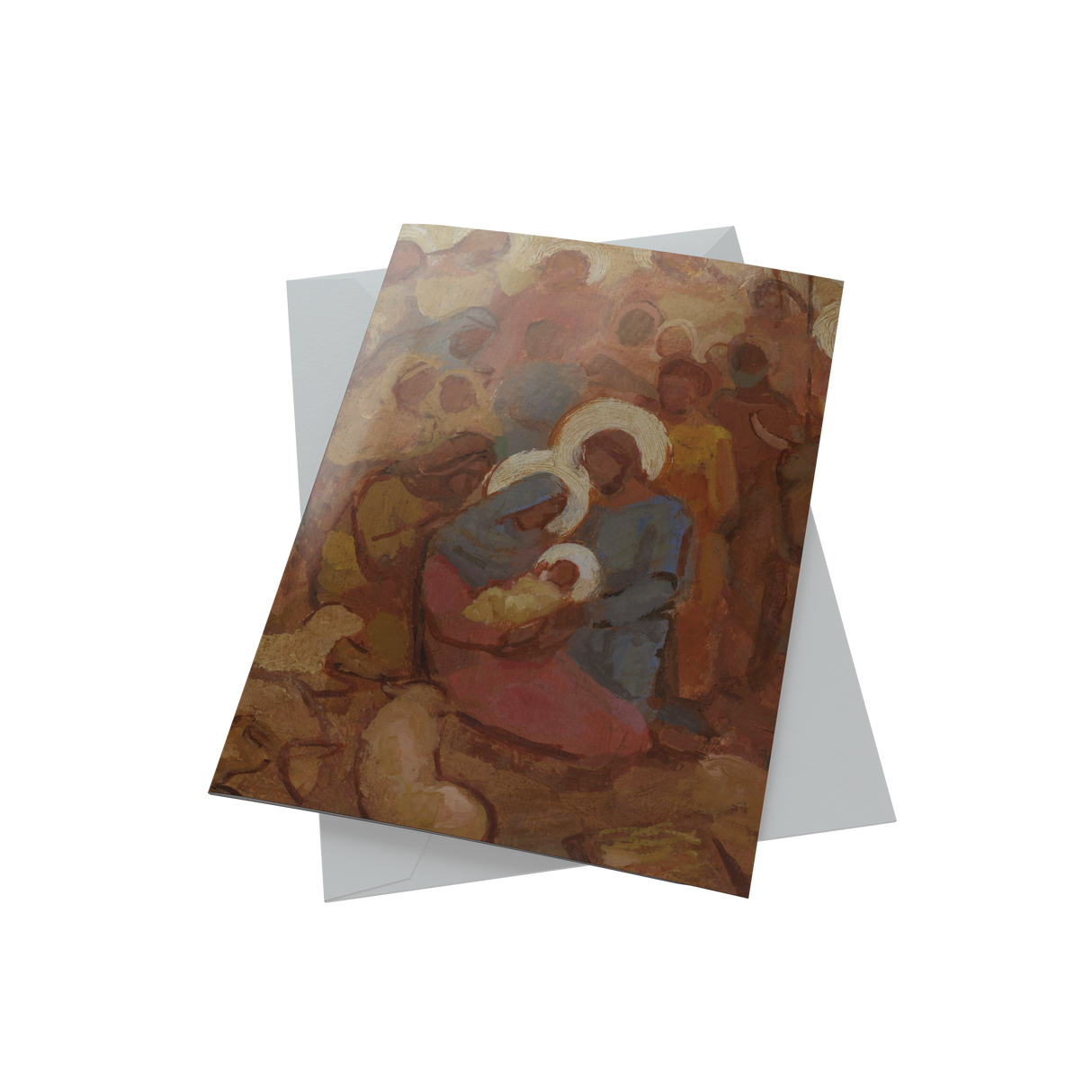 Christmas card by J. Kirk Richards, depicting a serene painting of Jesus surrounded by his family.