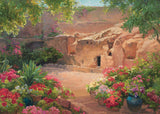 Empty tomb after Jesus had risen, surrounded by trees and flowers. Variation 2