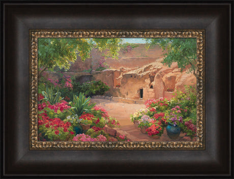 Empty tomb after Jesus had risen, surrounded by trees and flowers. Variation 9