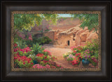 Empty tomb after Jesus had risen, surrounded by trees and flowers. Variation 10