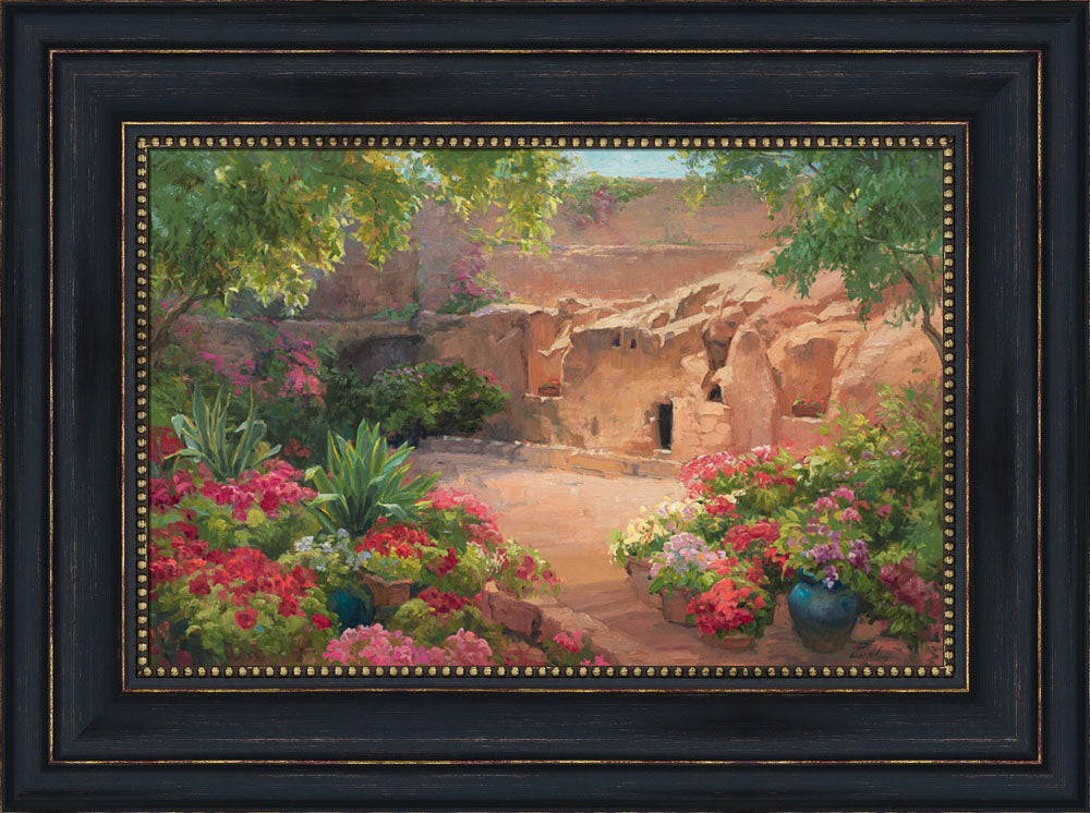 Empty tomb after Jesus had risen, surrounded by trees and flowers. Variation 16