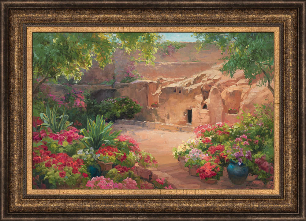 Empty tomb after Jesus had risen, surrounded by trees and flowers. Variation 8