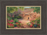 Empty tomb after Jesus had risen, surrounded by trees and flowers. Variation 13