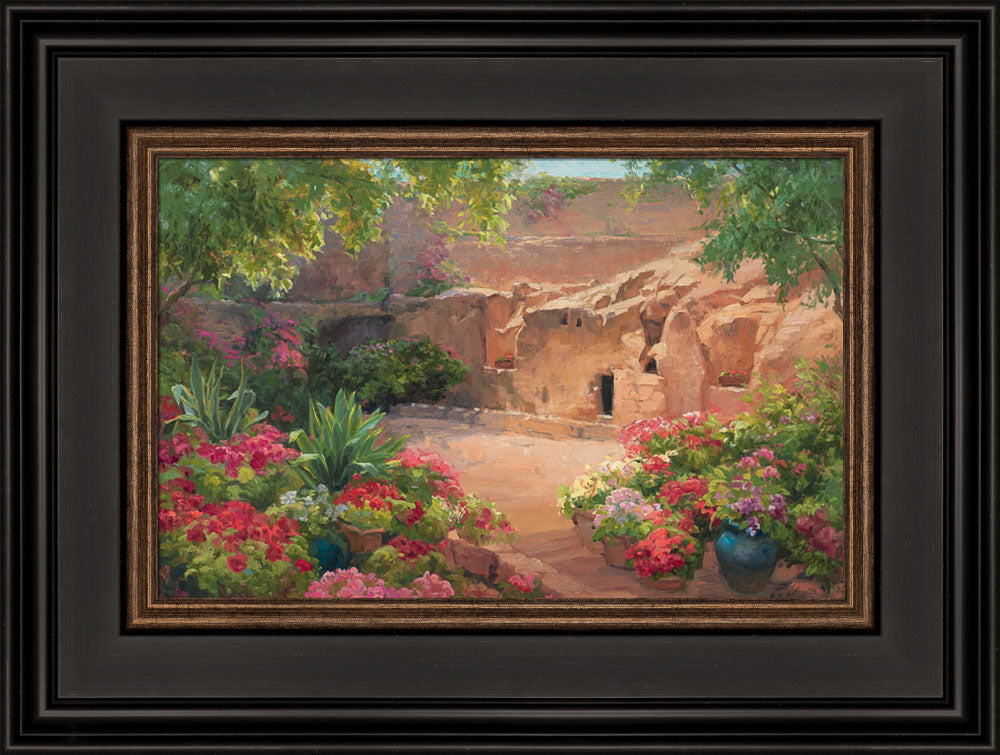 Empty tomb after Jesus had risen, surrounded by trees and flowers. Variation 7