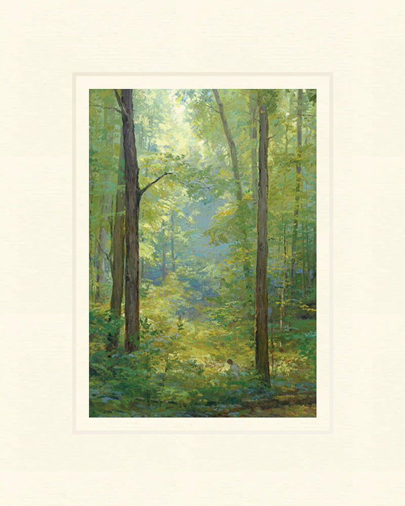 Joseph Smith kneeling in a grove of trees with a beam of light shining on him. Art 6