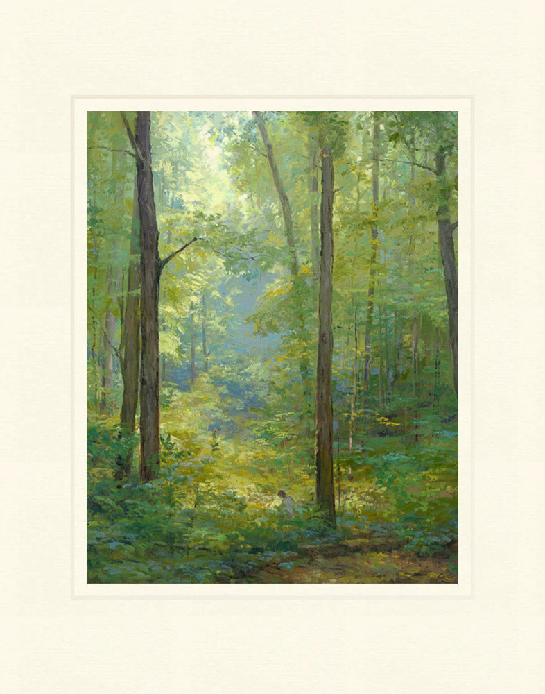 Joseph Smith kneeling in a grove of trees with a beam of light shining on him. Art 8