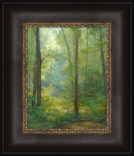 Joseph Smith kneeling in a grove of trees with a beam of light shining on him. Art 10