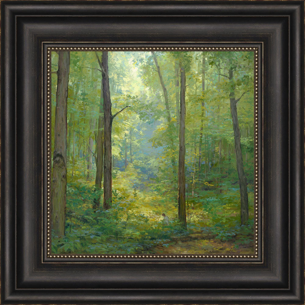 Joseph Smith kneeling in a grove of trees with a beam of light shining on him. Art 11