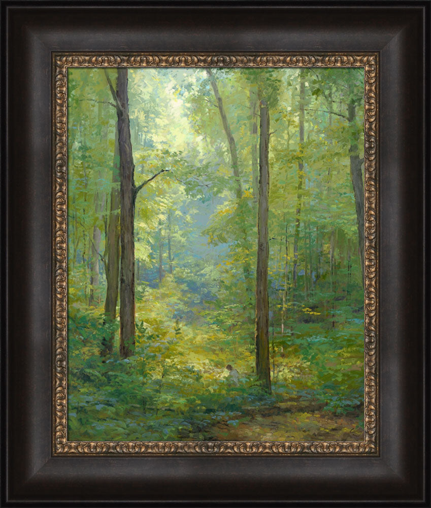 Joseph Smith kneeling in a grove of trees with a beam of light shining on him. Art 17