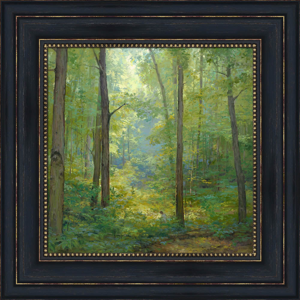 Joseph Smith kneeling in a grove of trees with a beam of light shining on him. Art 21