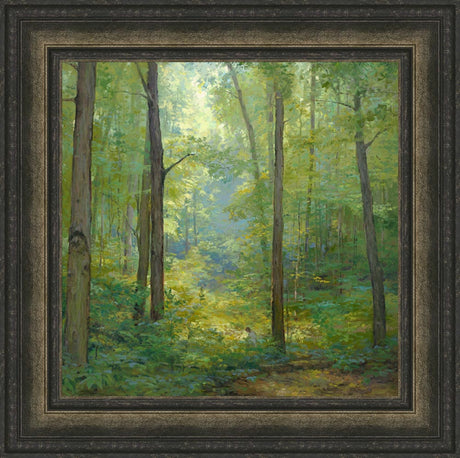 Joseph Smith kneeling in a grove of trees with a beam of light shining on him. Art 13